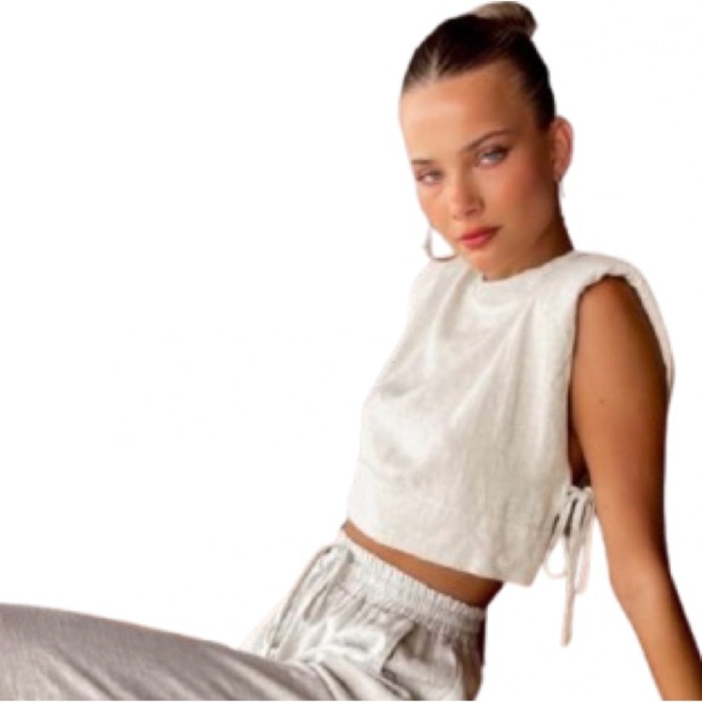 Commense Utility Stylish Beige Linen Sleeveless Crop Top with Side Ties M NWT